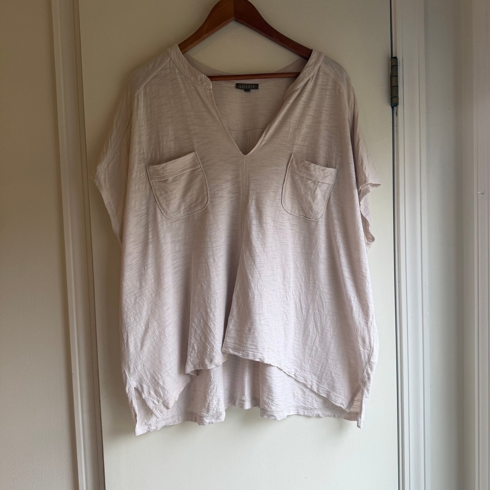 Lilla P Oversized V Neck Pocket Tunic Top Beige Size L